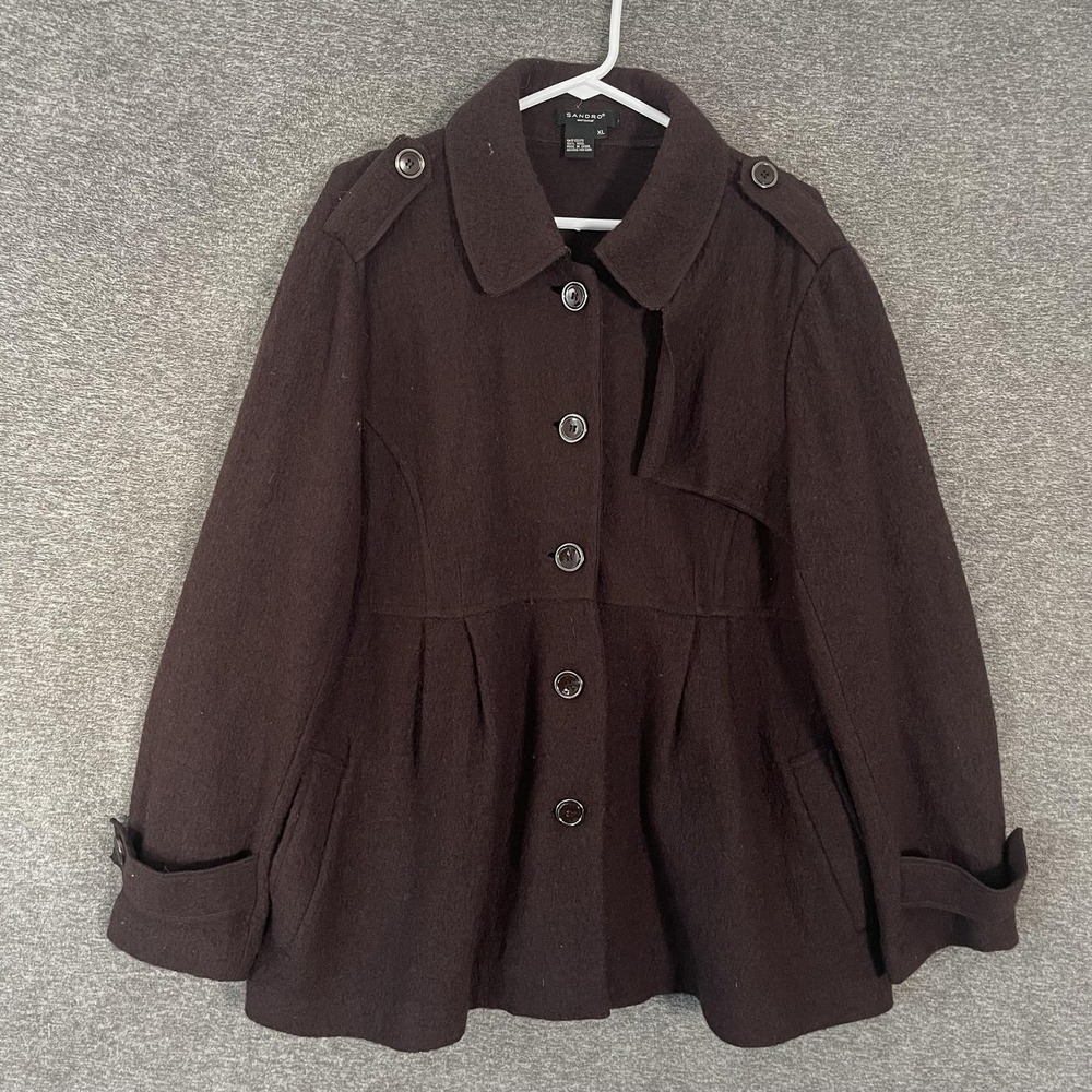 Sandro Coat Womens XL Brown Wool Pea Coat Pleated Button Front Epaulet Belted